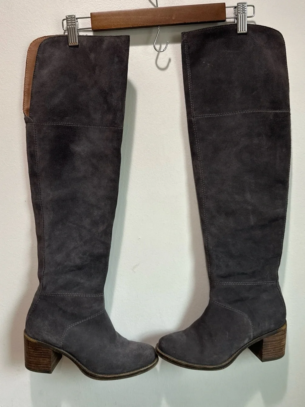 Lucky Brand Tall Over-the-Knee Suede Boots in Dark Gray with Brown Heel Accents